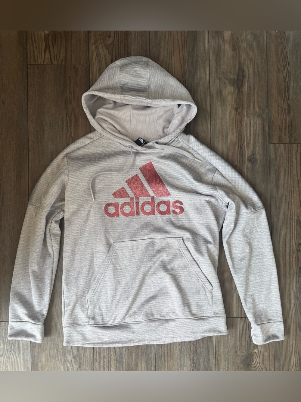adidas Light Gray Hoodie with pink glitter Logo
